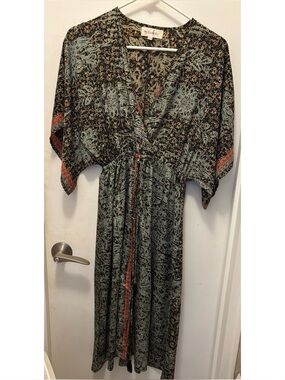 Annabella Black and Sage Floral Boho Midi-Dress with Coral Trim